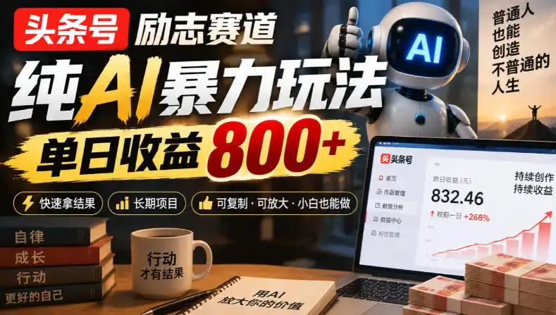 头条号励志赛道，纯AI暴力玩法，单日收益800 ，快速拿结果，长期项目