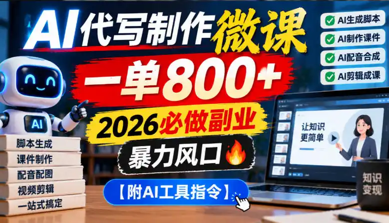 AI代写制作微课，一单800 ，2026必做副业，暴力风口【附AI工具指令】【揭秘】