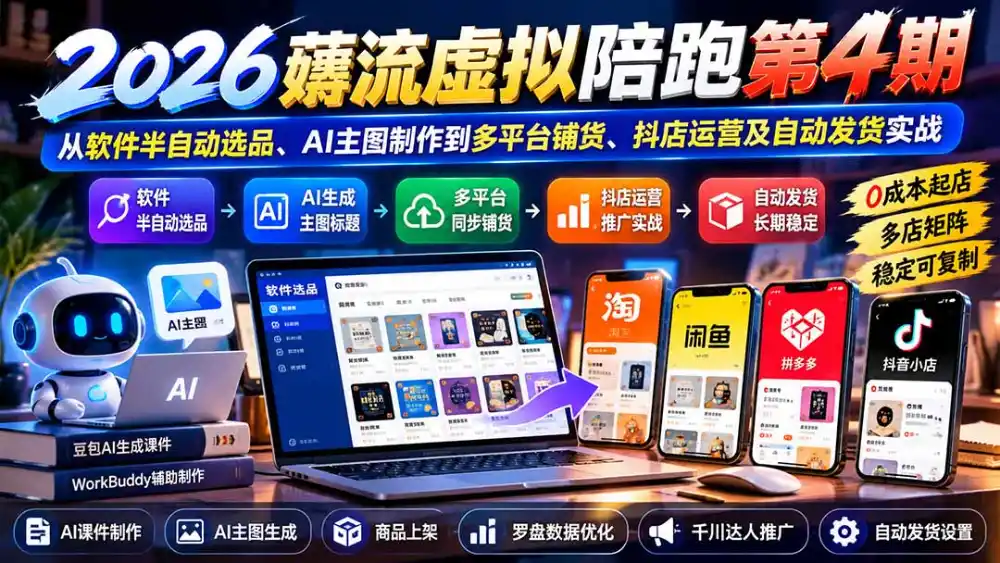 2026薅流虚拟陪跑第4期:从软件半自动选品、AI主图制作到多平台铺货、抖店运营及自动发货实战