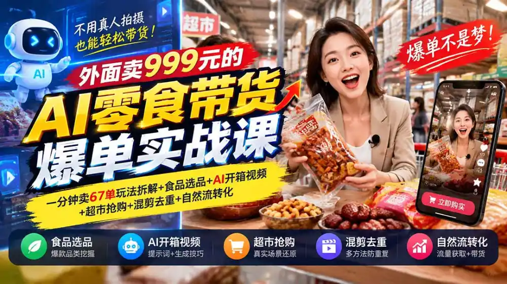 外面卖999元的AI零食带货爆单实战课｜一分钟卖67单玩法拆解 食品选品 AI开箱视频 超市抢购 混剪去重 自然流转化