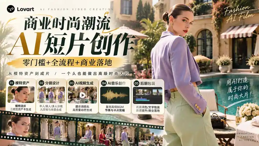从一张模特图到高级时尚广告大片:AI三视图资产、场景合成、电影分镜、动态生成与复古音乐剪辑实战课