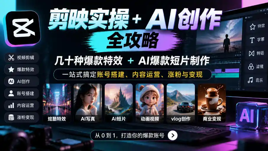 剪映实操 AI创作全攻略｜几十种爆款特效 AI爆款短片制作，一站式搞定账号搭建、内容运营、涨粉与变现