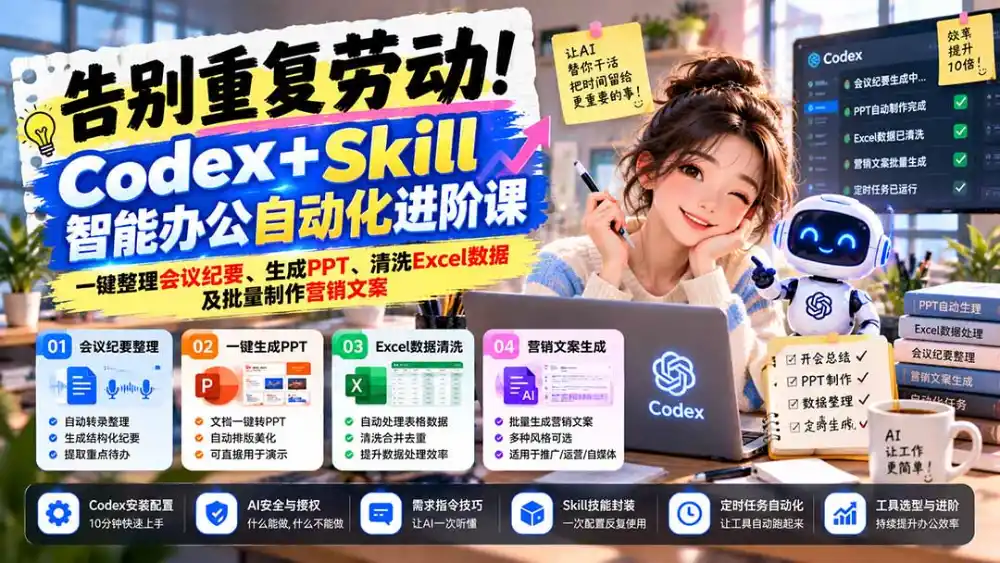 告别重复劳动！Codex Skill智能办公自动化进阶课：一键整理会议纪要、生成PPT、清洗Excel数据及批量制作营销文案