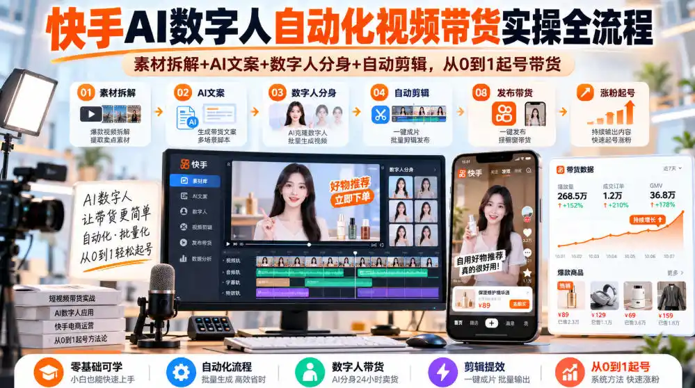 快手AI数字人自动化视频带货实操全流程|素材拆解 AI文案 数字人分身 自动剪辑,从0到1起号带货(更新26年)