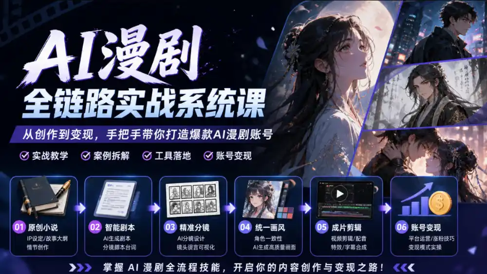 AI漫剧全链路实战系统课|原创小说、智能剧本、精准分镜、统一画风、成片剪辑、账号变现实操教学(更新1018)