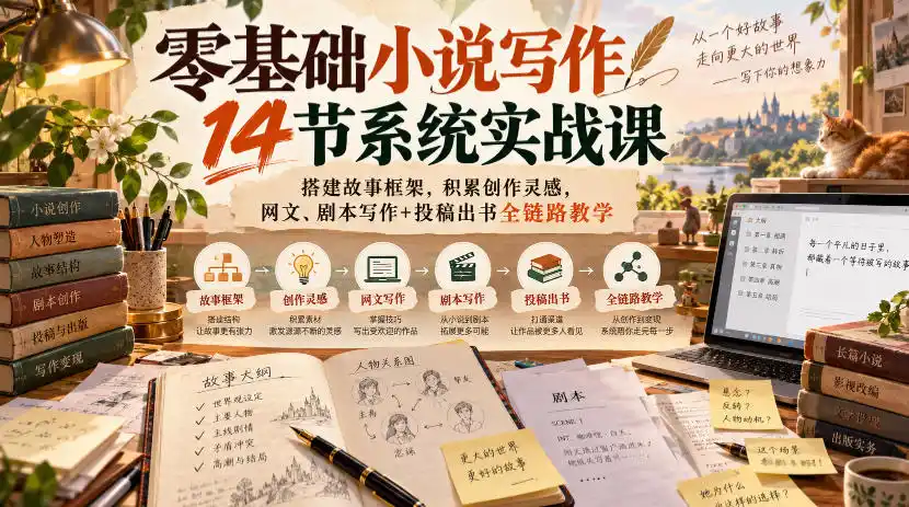 零基础小说写作14节系统实战课,搭建故事框架,积累创作灵感,网文、剧本写作 投稿出书全链路教学