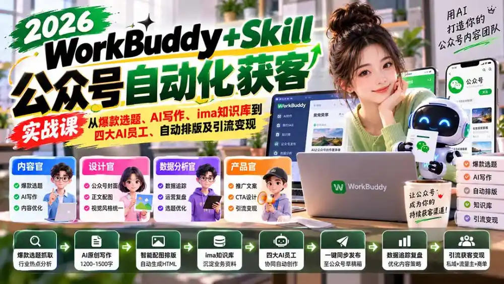 WorkBuddy   Skill公众号自动化获客实战课：从爆款选题、AI写作、ima知识库到四大AI员工、自动排版及引流变现
