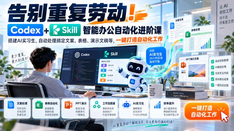 告别重复劳动!Codex Skill智能办公自动化进阶课|搭建AI实习生,自动处理搞定文案、表格、演示文稿等,一键打造自动化工作