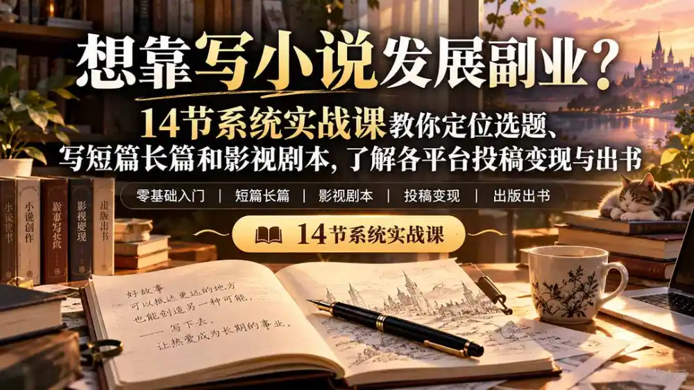 【无水印】想靠写小说发展副业?14节系统实战课教你定位选题、写短篇长篇和影视剧本,了解各平台投稿变现与出书