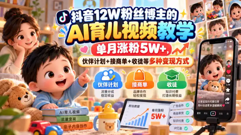 抖音12W粉丝博主的AI育儿视频教学，单月涨粉5W ，伙伴计划 接商单 收徒等多种变现方式