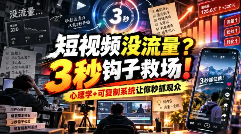 【无水印】短视频没流量？3秒钩子救场！心理学 可复制系统让你秒抓观众【原创双语字幕】