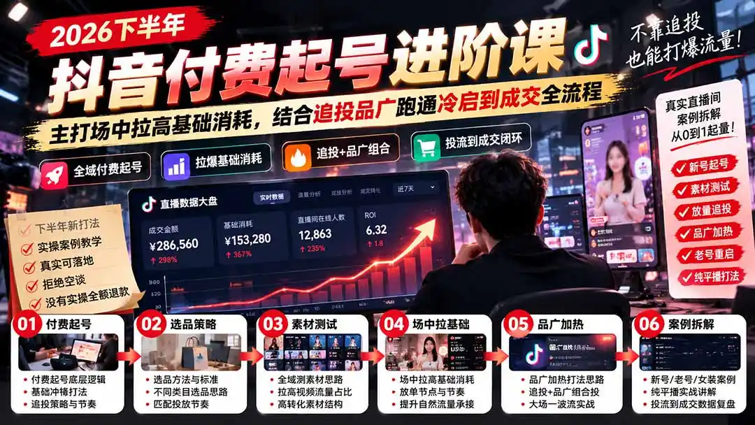 2026下半年抖音付费起号进阶课-更新1019：主打场中拉高基础消耗，结合追投品广跑通冷启到成交全流程
