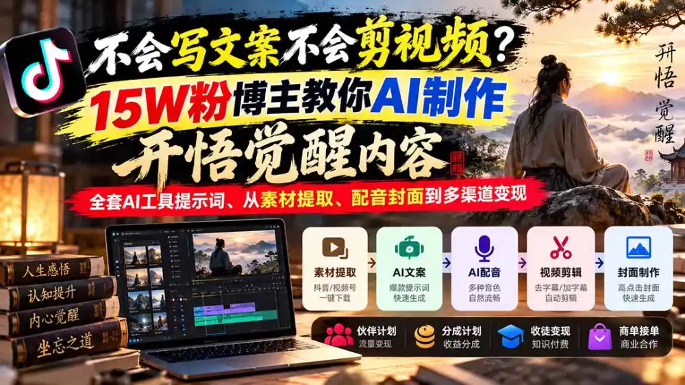 不会写文案不会剪视频？15W粉博主教你AI制作开悟觉醒内容，全套AI工具提示词、从素材提取、配音封面到多渠道变现