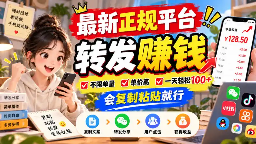 最新正规平台，转发賺钱，不限单量，单价高，一天轻松100 ，会复制粘贴就行【揭秘】