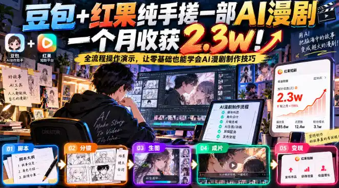 豆包 红果纯手搓一部AI漫剧一个月收获2.3w!全流程操作演示,让零基础也能学会AI漫剧制作技巧