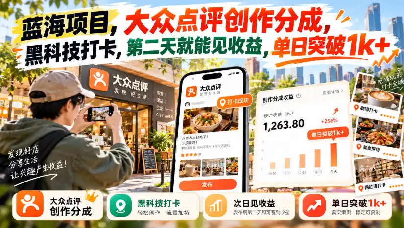 蓝海项目,大众点评创作分成,黑科技打卡,第二天就能见收益,单日突破1k 【揭秘】
