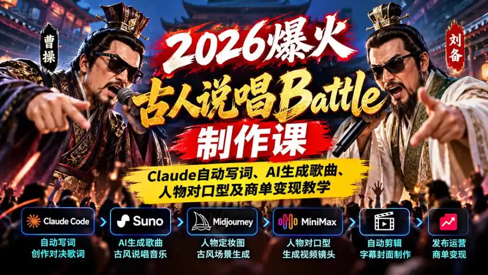 2026爆火古人说唱Battle制作课:Claude自动写词、AI生成歌曲、人物对口型及商单变现教学