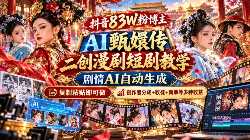 抖音83W粉博主AI甄嬛传二创漫剧短剧教学｜剧情AI自动生成，复制粘贴即可做，各大平台创作者分成 收徒等多种收益