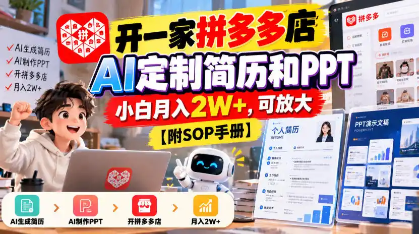 开一家拼多多店，AI定制简历和PPT，小白月入2W ，可放大【附SOP手册】【揭秘】
