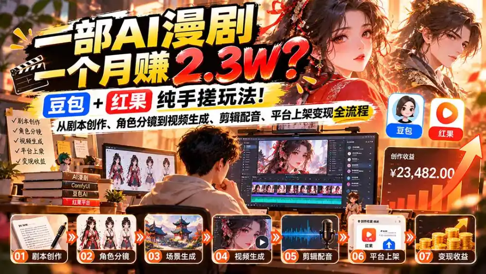 一部AI漫剧一个月赚2.3W？豆包 红果纯手搓玩法！从剧本创作、角色分镜到视频生成、剪辑配音、平台上架变现全流程