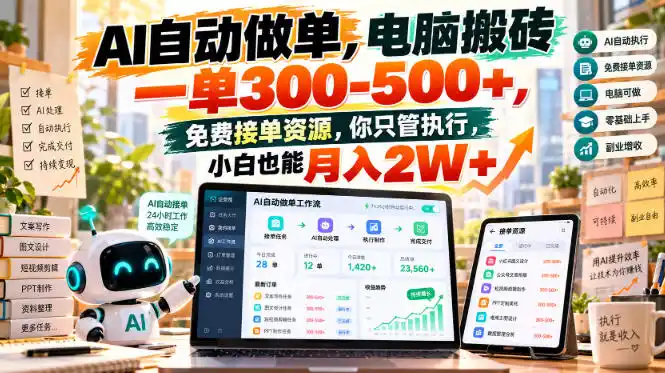 AI自动做单，电脑搬砖一单300-500 ，免费接单资源，你只管执行，小白也能月入2W 【揭秘】