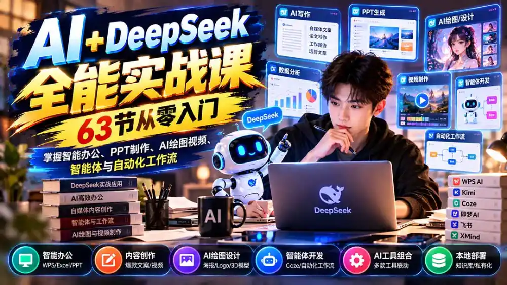 AI DeepSeek全能实战课:63节从零入门,掌握智能办公、PPT制作、AI绘图视频、智能体与自动化工作流