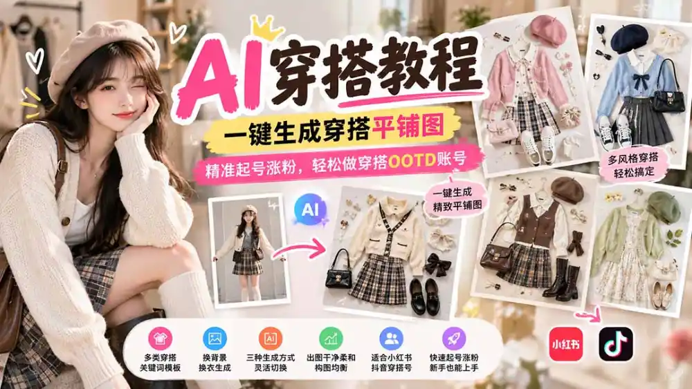【无水印】AI穿搭教程|一键生成穿搭平铺图,精准起号涨粉,轻松做穿搭OOTD账号