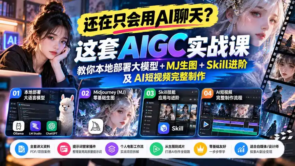 【无水印】还在只会用AI聊天?这套AIGC实战课教你本地部署大模型 MJ生图 Skill进阶及AI短视频完整制作