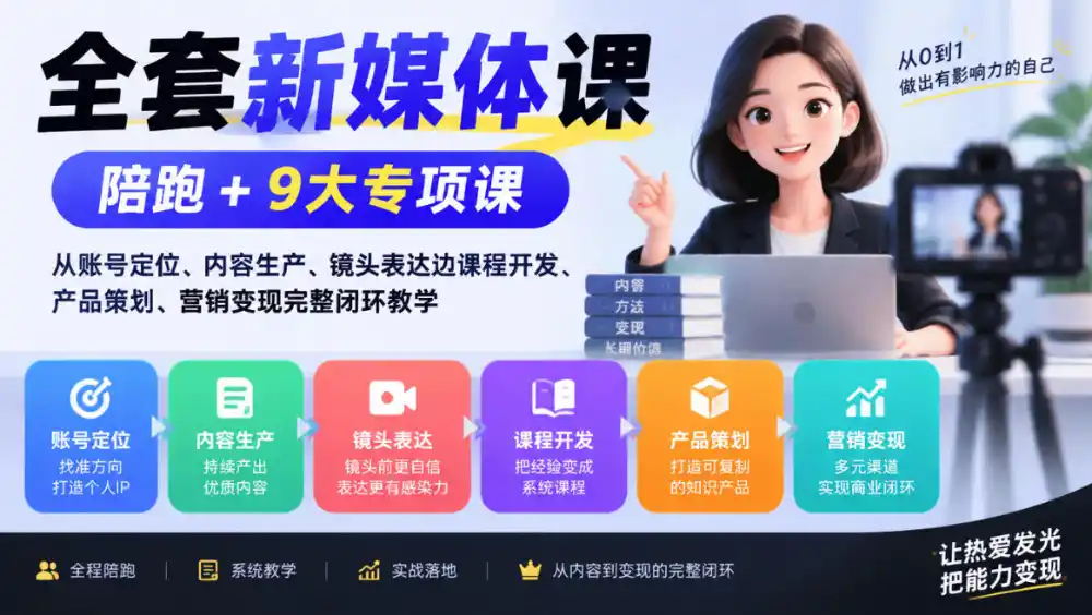 全套新媒体课|陪跑 9大专项课,从账号定位、内容生产、镜头表达到课程开发、产品策划、营销变现完整闭环教学