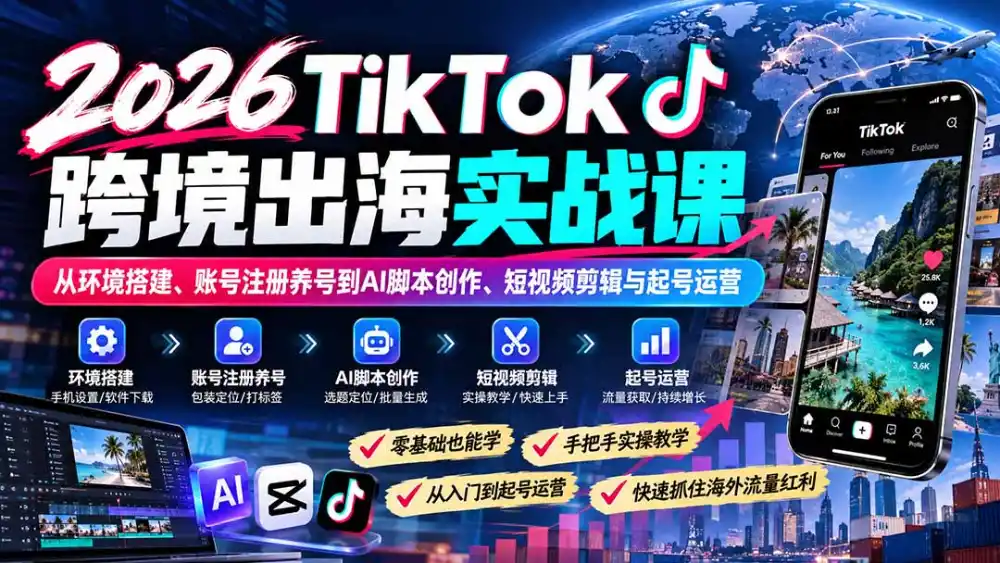 2026TikTok跨境出海实战课:从环境搭建、账号注册养号到AI脚本创作、短视频剪辑与起号运营