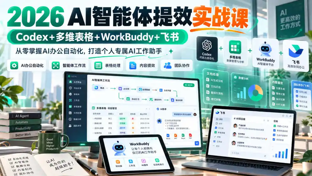 2026 AI智能体提效实战课：Codex 多维表格 WorkBuddy 飞书，从零掌握AI办公自动化，打造个人专属AI工作助手