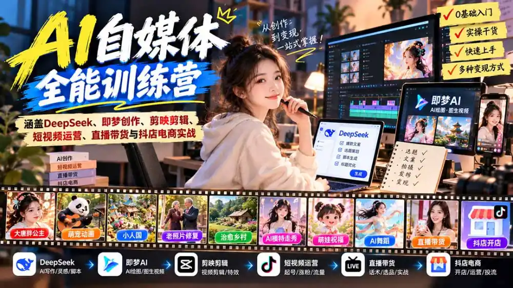 【无水印】AI 自媒体全能训练营：涵盖DeepSeek、即梦创作、剪映剪辑、短视频运营、直播带货与抖店电商实战