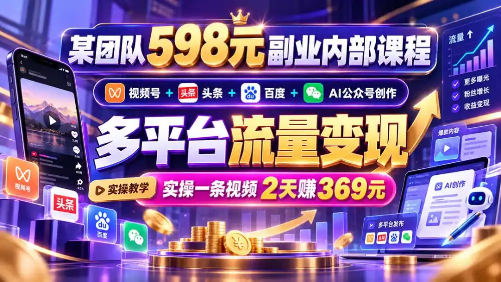 某团队598元副业内部课程：视频号 头条 百度 AI公众号创作、多平台流量变现，实操一条视频2天赚369元