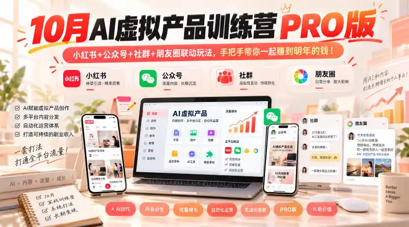 10月AI虚拟产品训练营PRO版，小红书 公众号 社群 朋友圈联动玩法，手把手带你一起赚到明年的钱！(更新1029)