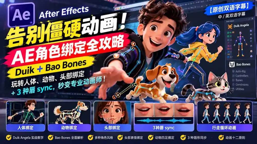 【无水印】告别僵硬动画！AE 角色绑定全攻略：Duik Bao Bones玩转人体/动物/头部绑定 3种唇sync，秒变专业动画师