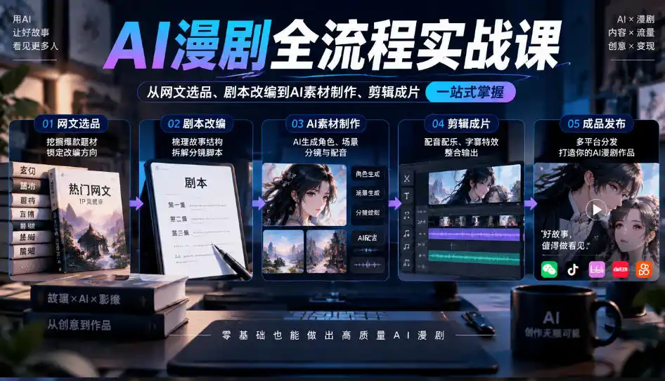 AI漫剧全流程实战课,覆盖从网文选品、剧本改编到AI素材制作、剪辑成片的完整链路