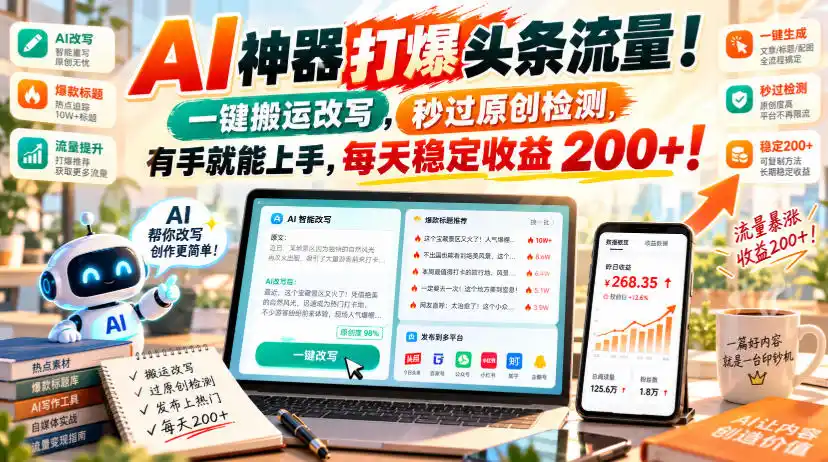 AI神器打爆头条流量,一键搬运改写,秒过原创检测,有手就能上手,每天稳定收益200 !【揭秘】