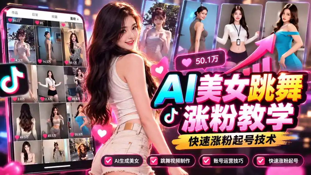 AI美女跳舞涨粉教学,AI生成美女,跳舞视频制作,账号运营与快速起号涨粉