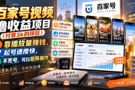 百家号视频撸收益项目(付费3k的项目)，靠播放量賺钱，起号速度快，不死号，可以矩阵操作