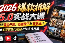 2026爆款拆解5.0实战大课：拆透黄金开篇、选题钩子与节奏设计，学会多赛道热门视频改编实操方法
