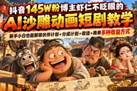 抖音145W粉博主虾仁不眨眼的AI沙雕动画短剧教学，新手小白也能解锁伙伴计划 分成计划 收徒 商单多种收益方式
