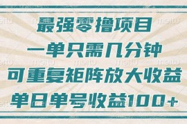 最强零撸项目，解放双手，几分钟可做一次，可矩阵放大撸收益，单日轻松收益100 ，
