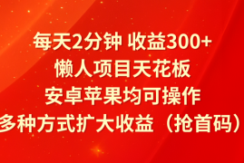 每天2分钟收益300 ，懒人项目天花板，安卓苹果均可操作，多种方式扩大收益（抢首码）