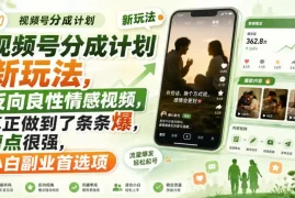 视频号分成计划新玩法，反向良性情感视频，真正做到了条条爆，槽点很强，小白副业首选项