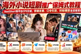 海外小说短剧推广保姆式教程｜ReelShort等平台CPS分成，剪辑去重、口令引流、对标爆款全流程变现课