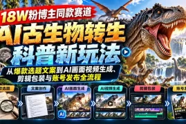 18W粉博主同款赛道-AI古生物转生科普新玩法：从爆款选题文案到AI画面视频生成、剪辑包装与账号发布全流程