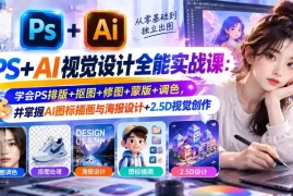 【无水印】PS AI视觉设计全能实战课：学会PS排版 抠图 修图 蒙版 调色，并掌握AI图标插画与海报设计 2.5D视觉创作