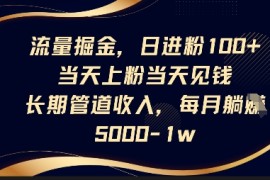 流量掘金，日进粉100 ，当天上粉当天见钱，长期管道收入，每月躺挣5k