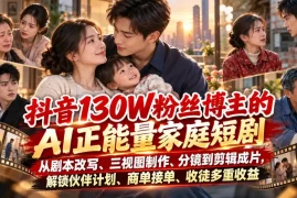 抖音130W粉丝博主的AI正能量家庭短剧，从剧本改写、三视图制作、分镜到剪辑成片，解锁伙伴计划、商单接单、收徒多重收益(更新1007)
