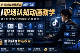 抖音16W粉丝博主规则门禁的AI职场认知动画教学，从赛道定位、账号包装，到文案创作、配音定制、AI成片，解锁抖音精选收益